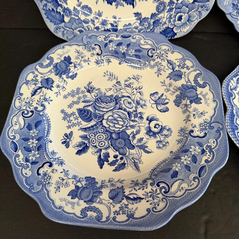 Vintage Spode Blue Room British Flowers Collection Set of 4 Plates Blue 10.5in
